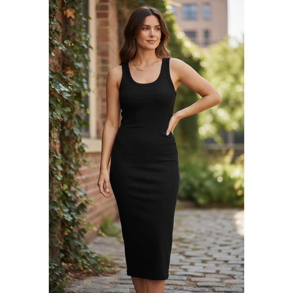 Everlane The Ribbed Tank Dress Black Cotton Blend Midi Scoop Neck Size S NEW